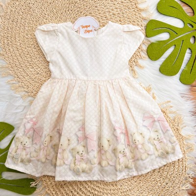 Conj. Bolerinho de Pelinho e Vestido Ursinhas - Rosa Bebê e Off White
